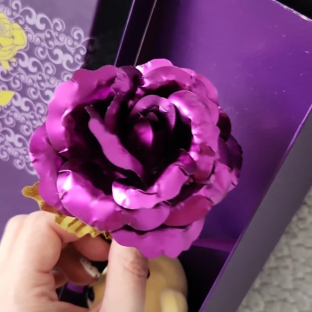 Vintage 90's 24K purple long stem rose, and I love You tiny teddy bear Romantic